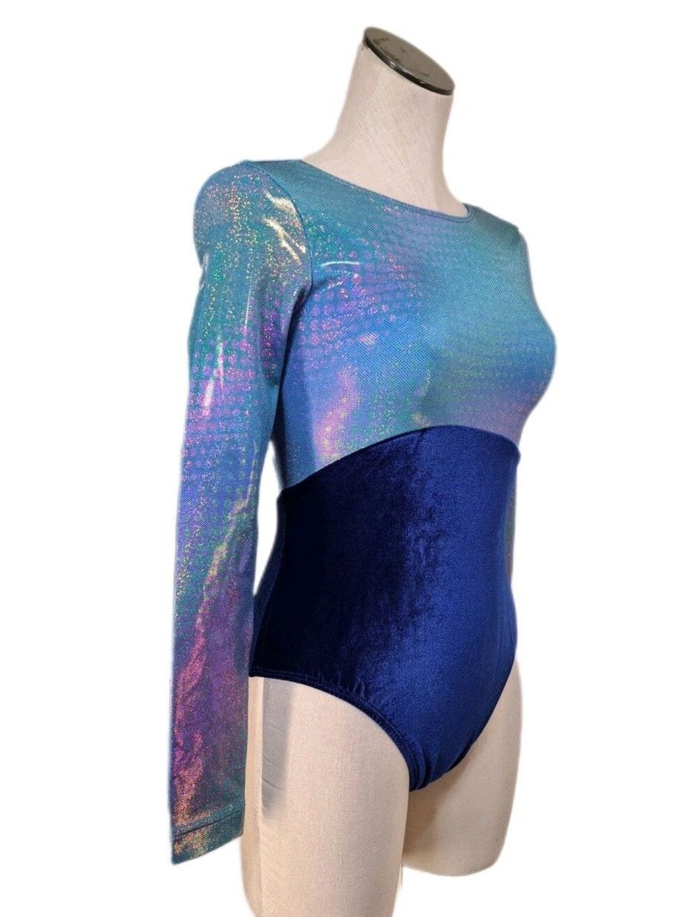 GK Elite VTG Mermaid Pixelated Holographic LS Competition Leotard Size AM Blue
